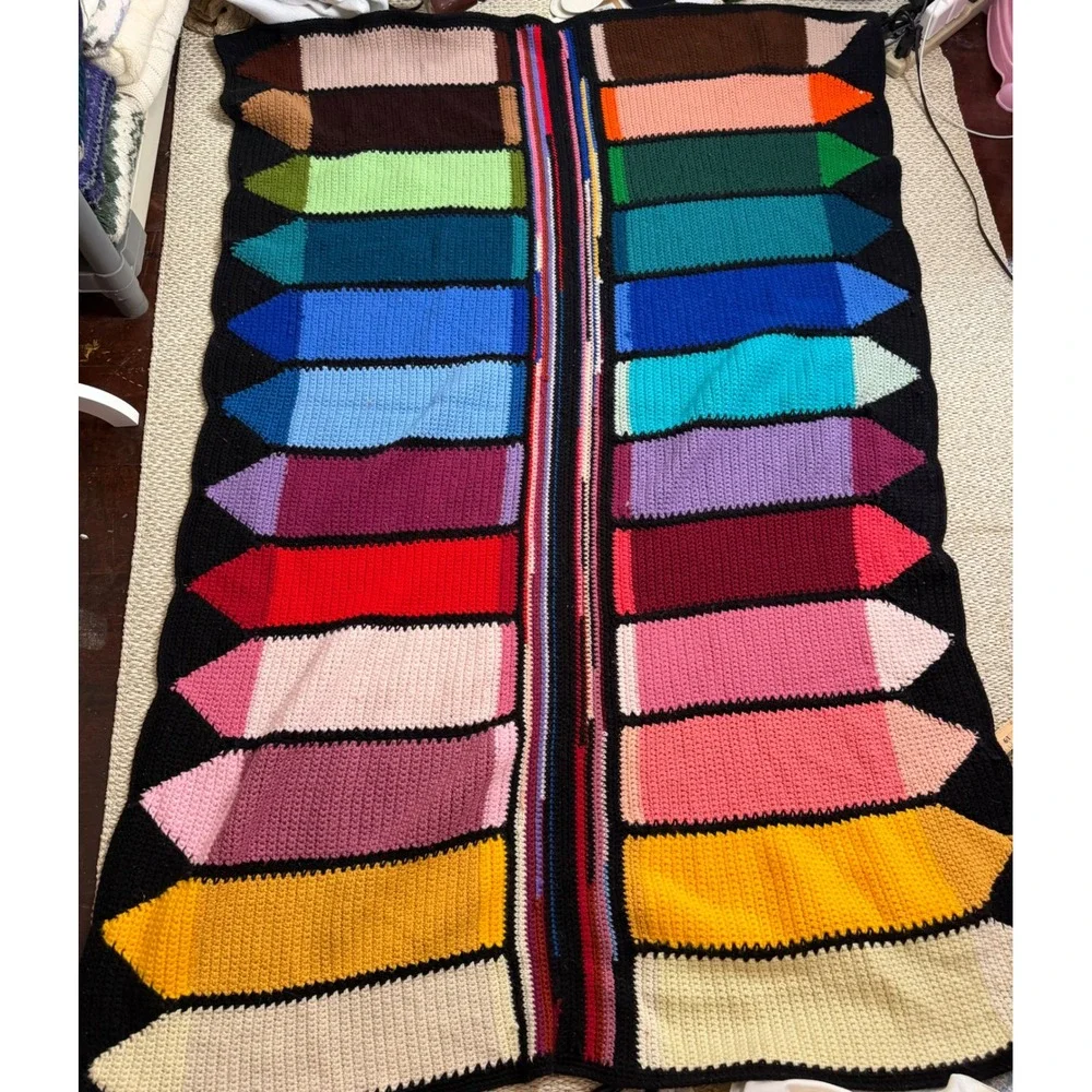Handmade Crochet Colored Pencil Crayon Blanket Rainbow Artist Teacher Gift Throw